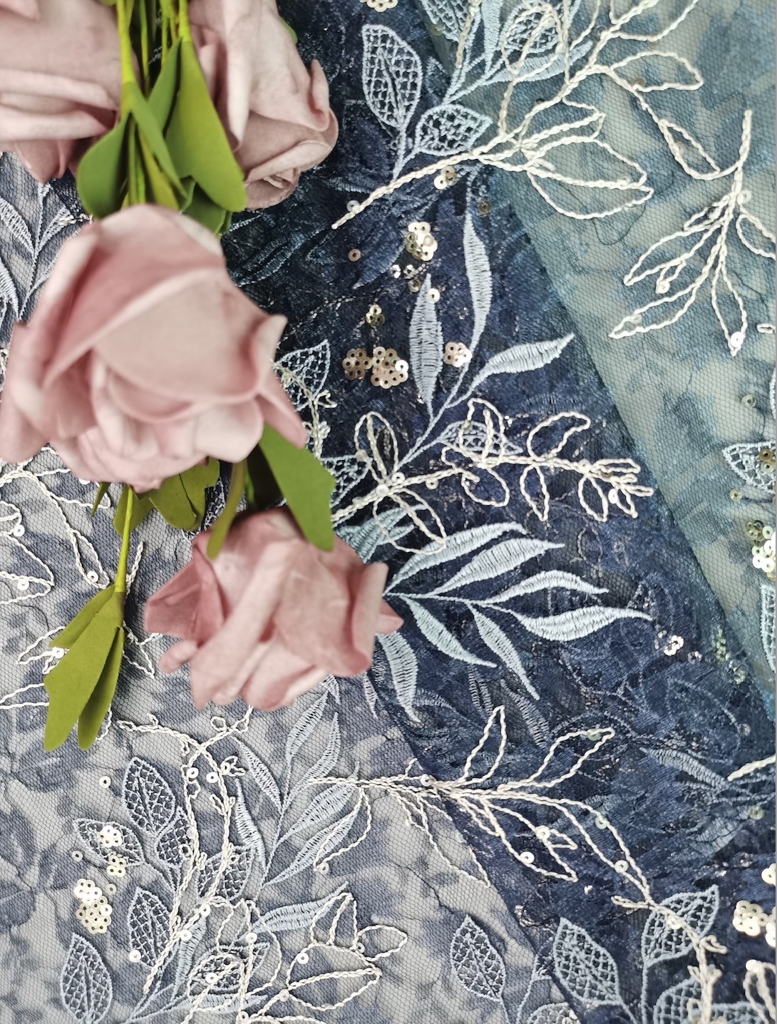 Blue Tulle Embroidered Lace Fabric Flower Lace With Sequins