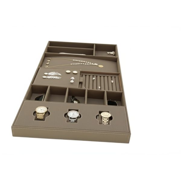 China MJMHD YG-H027 Modular Jewelry Drawer Organizer Tray, 13-Compartment Wardrobe Storage Box with Watch & Necklace Holder, Customizable PVC Leather Insert for Closet & Dresser factory
