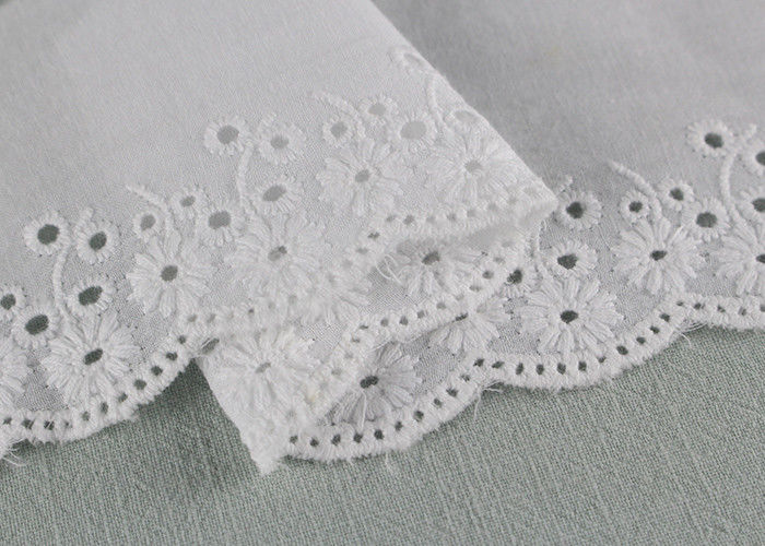 White Eyelet Cotton Lace Trim , Scalloped Floral Lace Ribbon For Wedding Dress