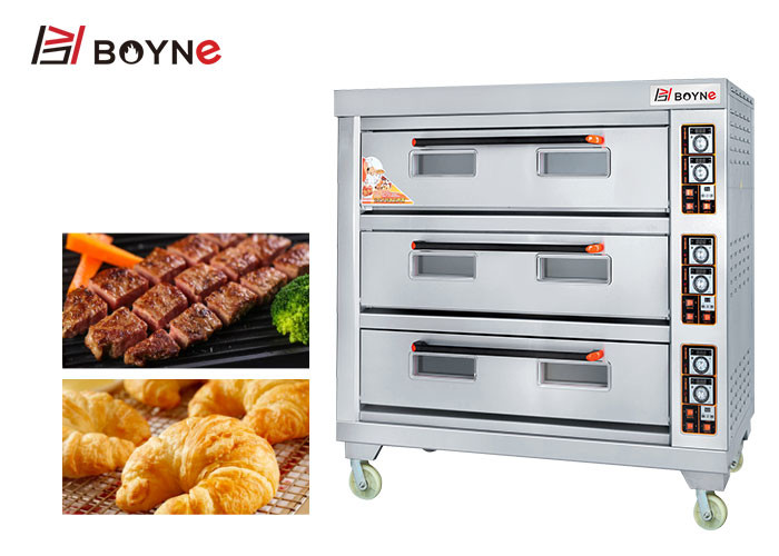 Stainless Steel Commercial Electric Three Deck Nine Trays Bakery Oven With Strong Wheels