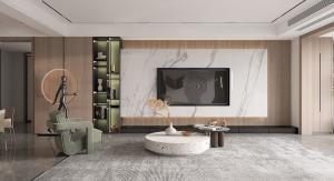 China Elegant Practical Modern TV Cabinet Solution With Wood Grain And Pean Grey Carcass factory