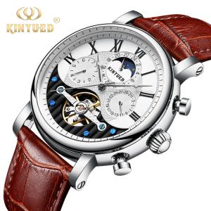 China KINYUED New Silver Case Moon Phase Clock Movement Genuine Crocodile Watch Strap Water Resistant Watch factory