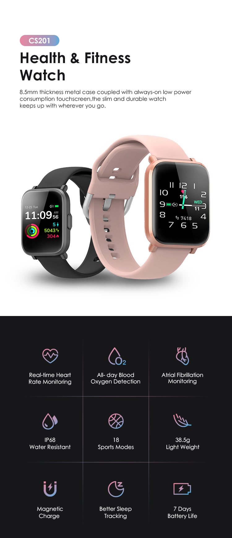 ODM Body Temperature Bluetooth 5.0 Waterproof Sport Smart Watch