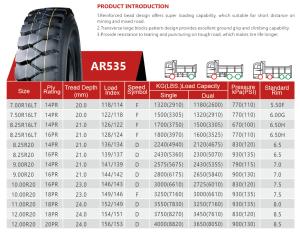 China Classic AR535 8.25R20 Mine Truck Tyres TBR Tire Excellent Overload Ability factory