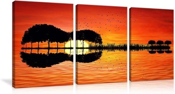 Urttiiyy 3 Panel Canvas Art Prints Music Abstract Guitar Tree Lake Sunset Art