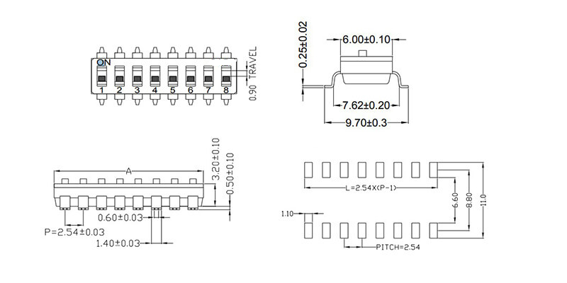 2.54mm Pitch Gull Wing Lead SMD DIP Switch 25mA 24VDC