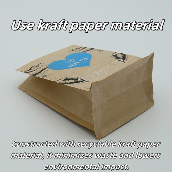 Recyclable And Compostable Eight Sided Sealing Kraft Paper Bags For Tea Packaging With Customizable Printing And Sizes.