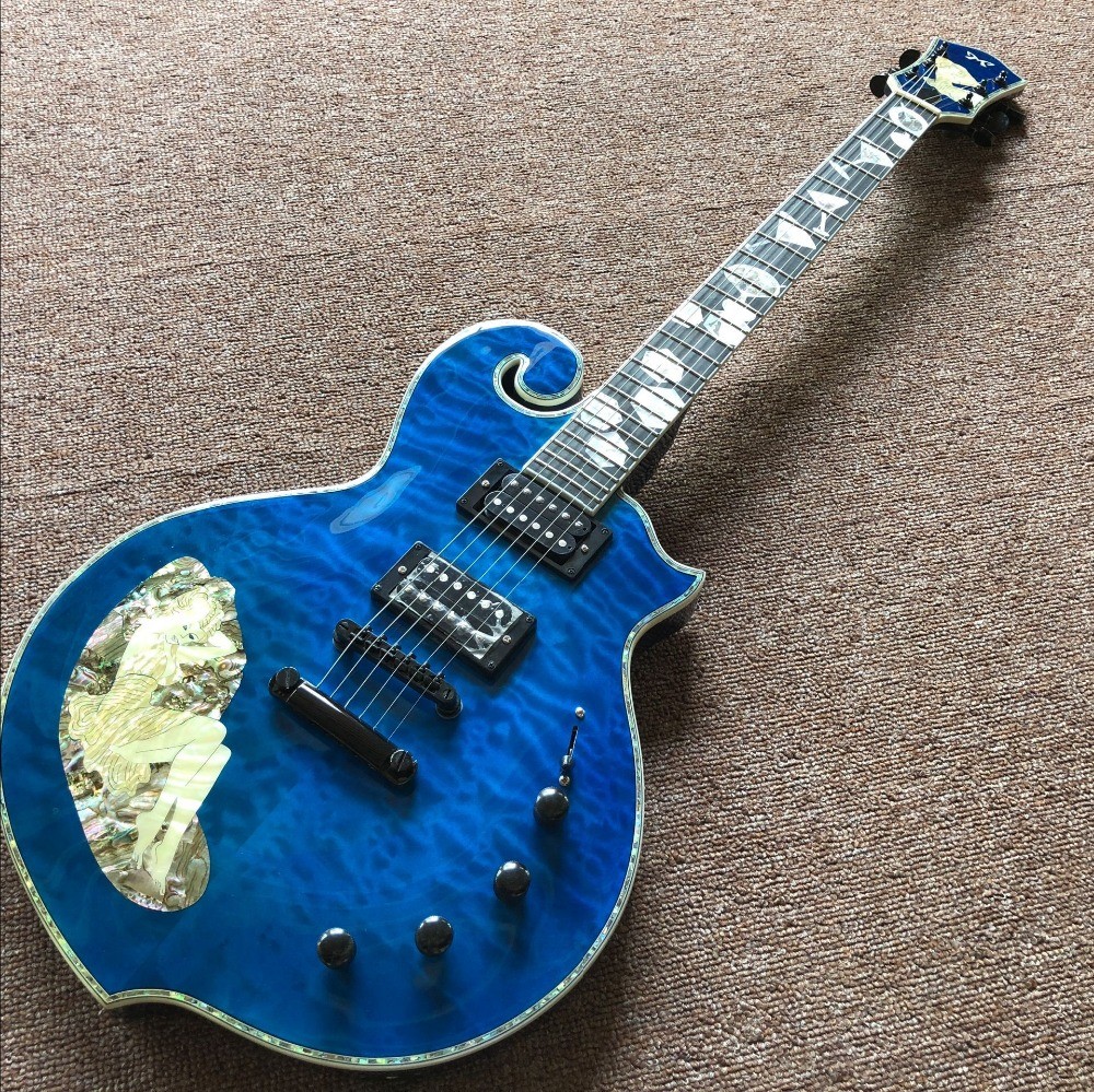 New handwork 6 Strings Rosewood fingerboard Electric Guitar with blue color flame top guitar and black hardware