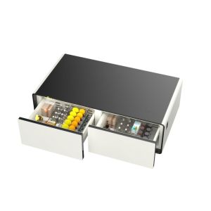 Glass Coffee Table with Fridge Speakers Outlets LED Light and Wireless Music