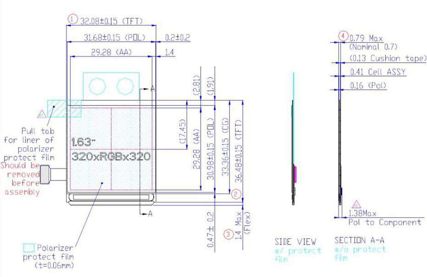 1.63 Inch Square Oled Display, 320x320 Mipi Interface, IC RM69032 Driving
