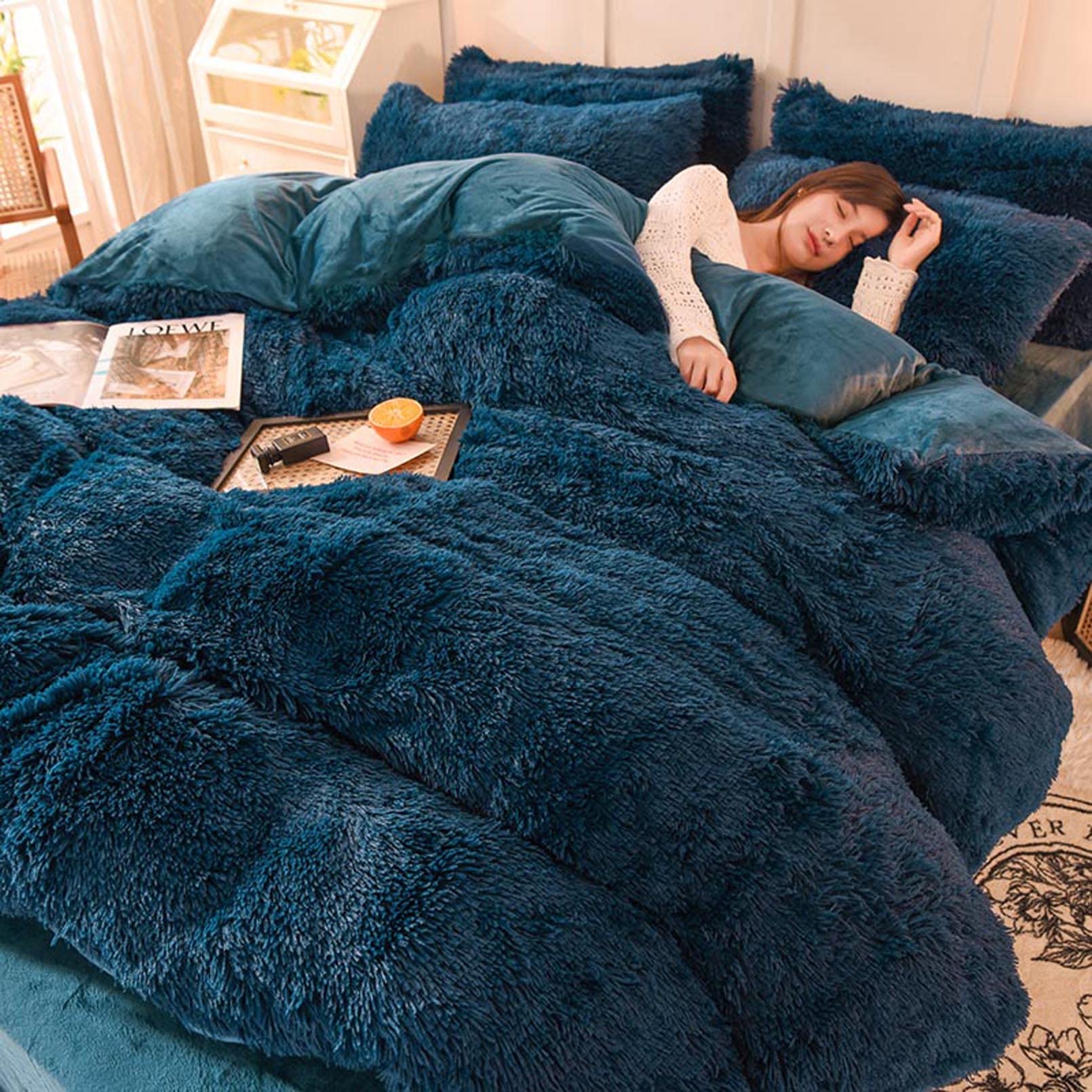 Rainbow Color Faux Fur Velvet Fluffy Plush Bedding Set for Modern Home and Decoration