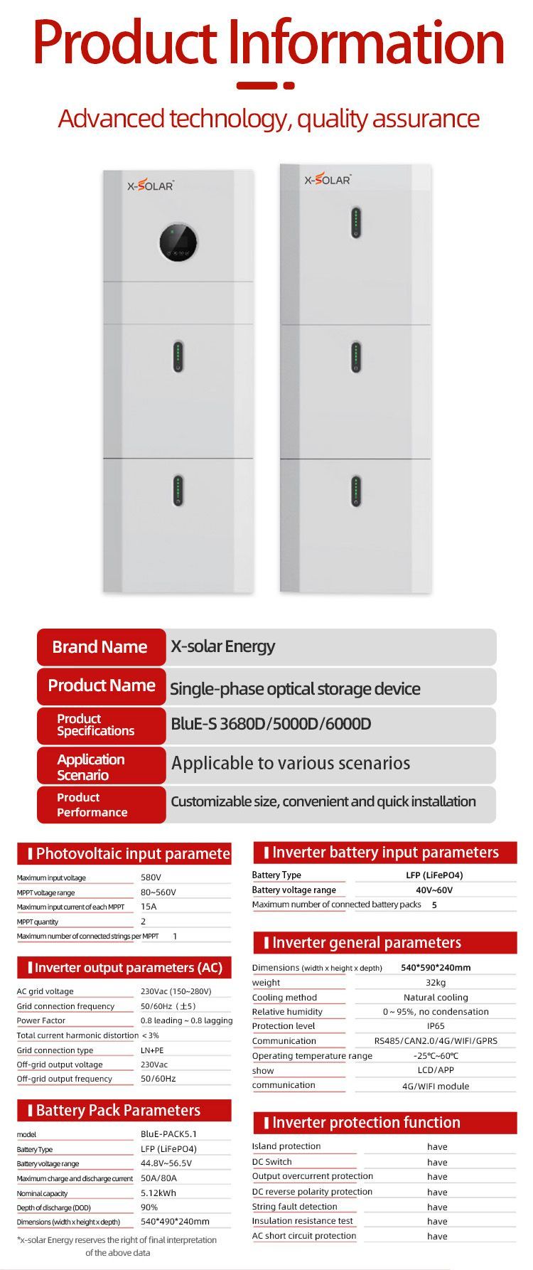 3.68-6kw Single Phase Inverter Home Use Solar Power Grid Hybrid Solar Inverter AC DC Low Frequency with Battery Package