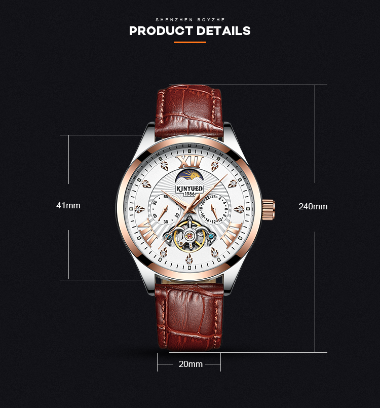 Watches men luxury brand automatic luminous moon phase watch Leather fashion tourbillon automatic mechanical watch