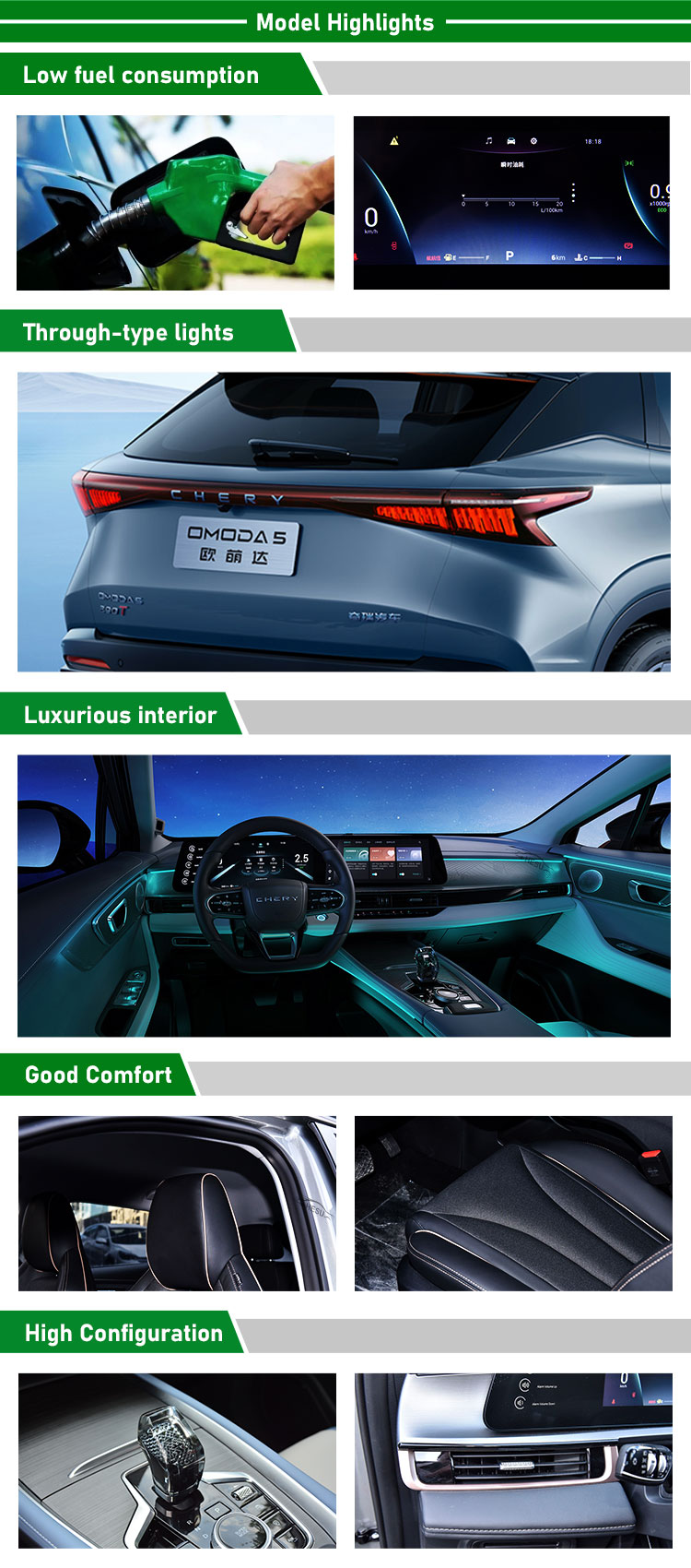 Customized 2022 2023 Model Chery Omoda C5 1.5T 156HP L4 Engine CVT Gearbox Petrol FWD SUV with Leather Seats Electric Sunroof