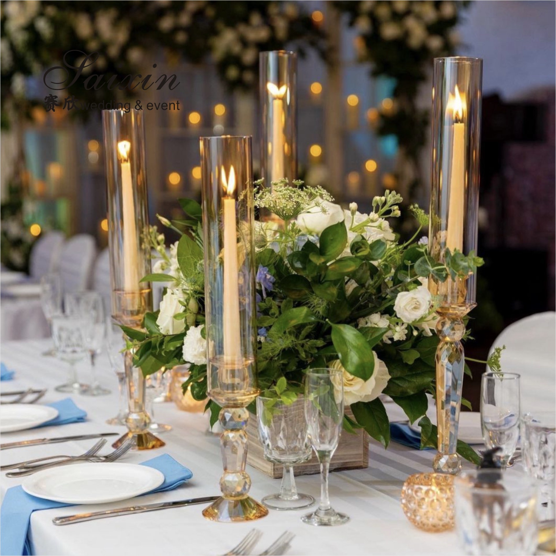 Christmas Wedding Candle Holder Glass Candle Pillars Set 19cm 27cm 35cm