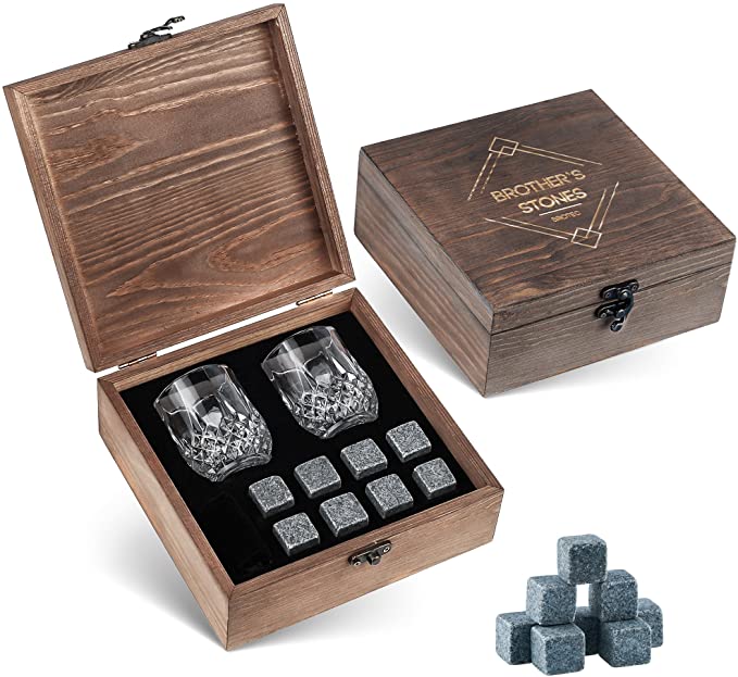 Wood Granite Cocktail Box Kit Crystal Whiskey Glasses And Stones