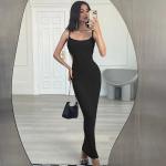 Ribbed Backless Long Night Dress Slim Sexy Sleeveless Round Collar