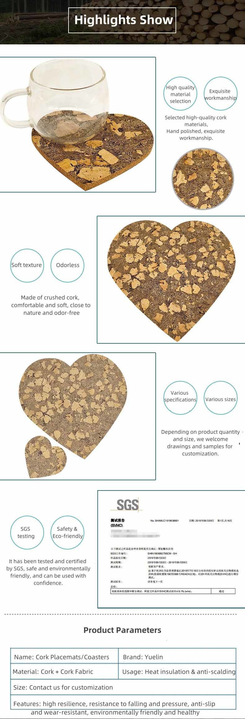 Heart-Shaped Cork Coasters Placemat with Cork Fabric High resilience