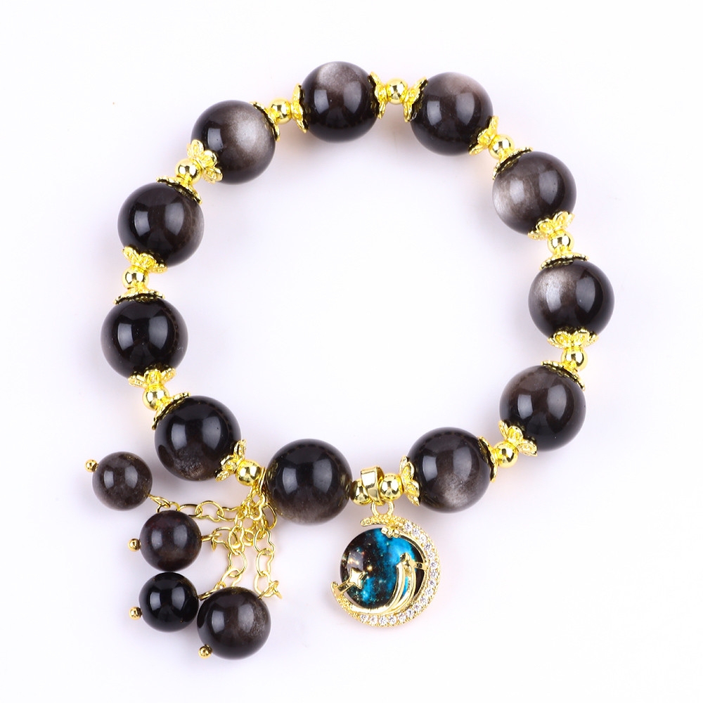 Genuine Stone 12MM Silver Obsidian Round Star With Moon Charm Crystal Bead Bracelet