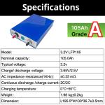 Lithium rechargeable 4pcs 3.2V 105Ah LiFePO4 Battery Prismatic Cell