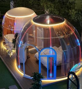 China 4.0m+2.7m Diameter Transparent Dome Tent Geodesic Dome Glamping PC Tents Dome House factory
