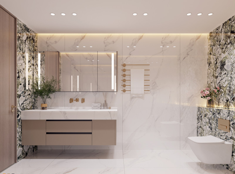 Sleek Stainless Steel Bathroom Vanity Cabinet White Quartz Top Gold Faucets And Square Mirror
