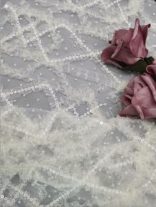 China 3D Flower Sequin Embroidered Fabric Bridal Net Tulle Lace Fabric with Sequin factory