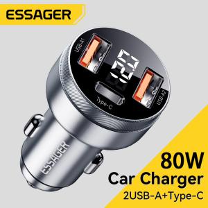 China Essager 2022 Fenglang Aluminum alloy digital display car charger 80W 3 in 1 Car Charging 2 USB A Type C Fast Car Charger factory