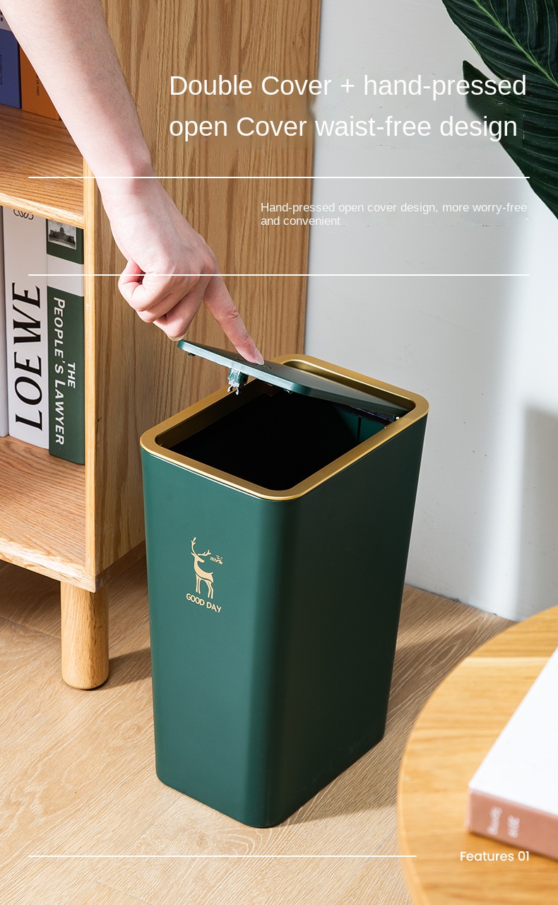 Household Simple Open Lid square sealed Bucket Living Room Bedroom Bathroom Study Paper Basket Plastic Press Trash Can