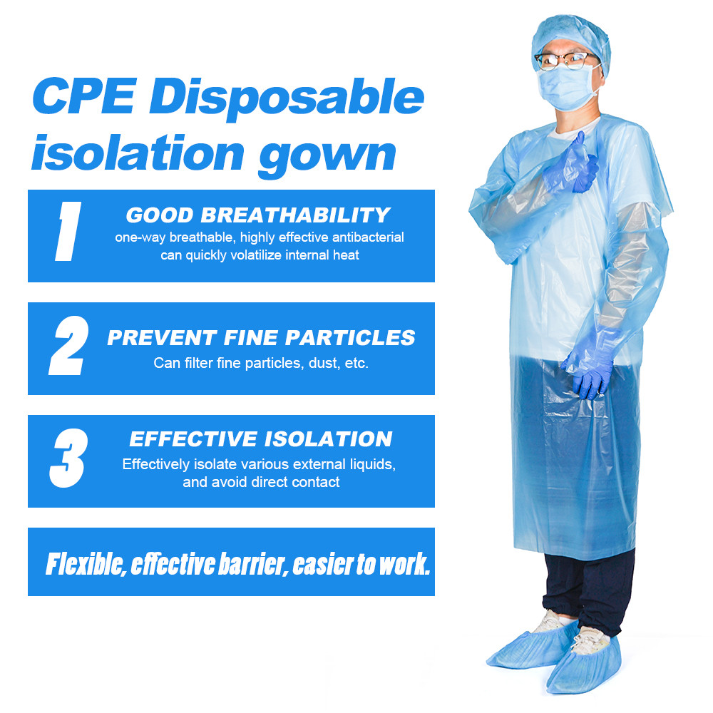 Disposable Isolation Gown, CPE Material Liquid Resistance, Protective Isolation Gown Clothing