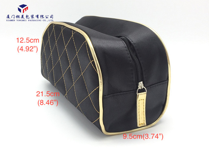 Round Corner Design Fabric Makeup Bag Black Zipper With Gold Leather Head