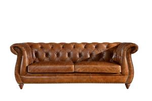 China Retro Vintage Three Seater Leather Sofa With Brass Nails / Leather Buttons factory