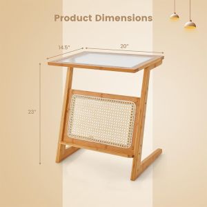 Natural Color Z-Shaped Bamboo And Rattan End Table With Glass Top And Magazine