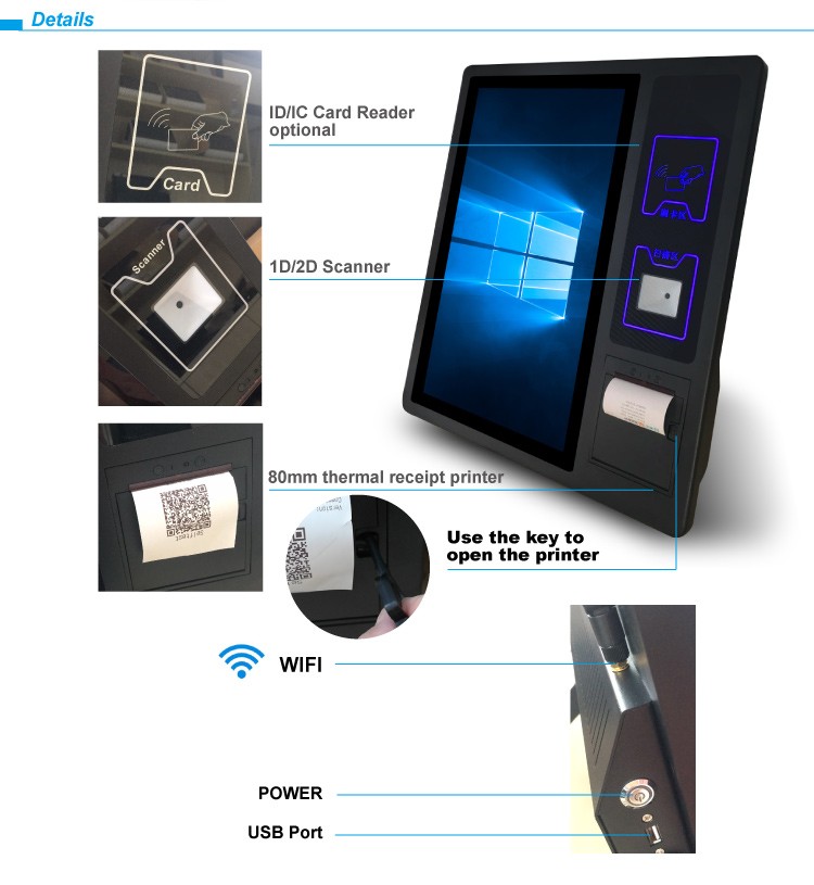 Bimi 21.5 inch Self-Payment Kiosk with Touch Screen Thermal Printer and 2D Scanner