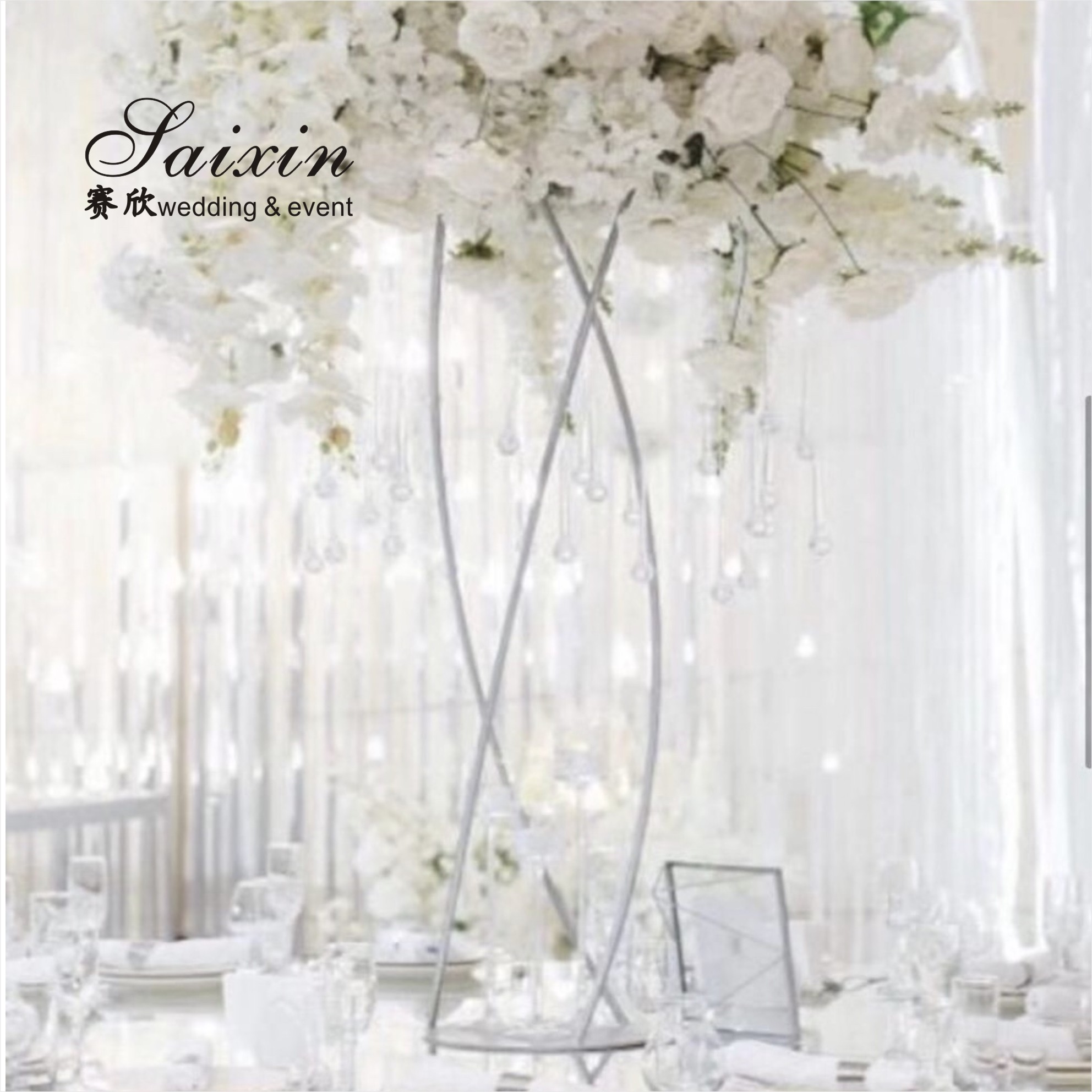 Saixin new custom 1.5m tall large double round white wrought iron flower stands for wedding centerpieces