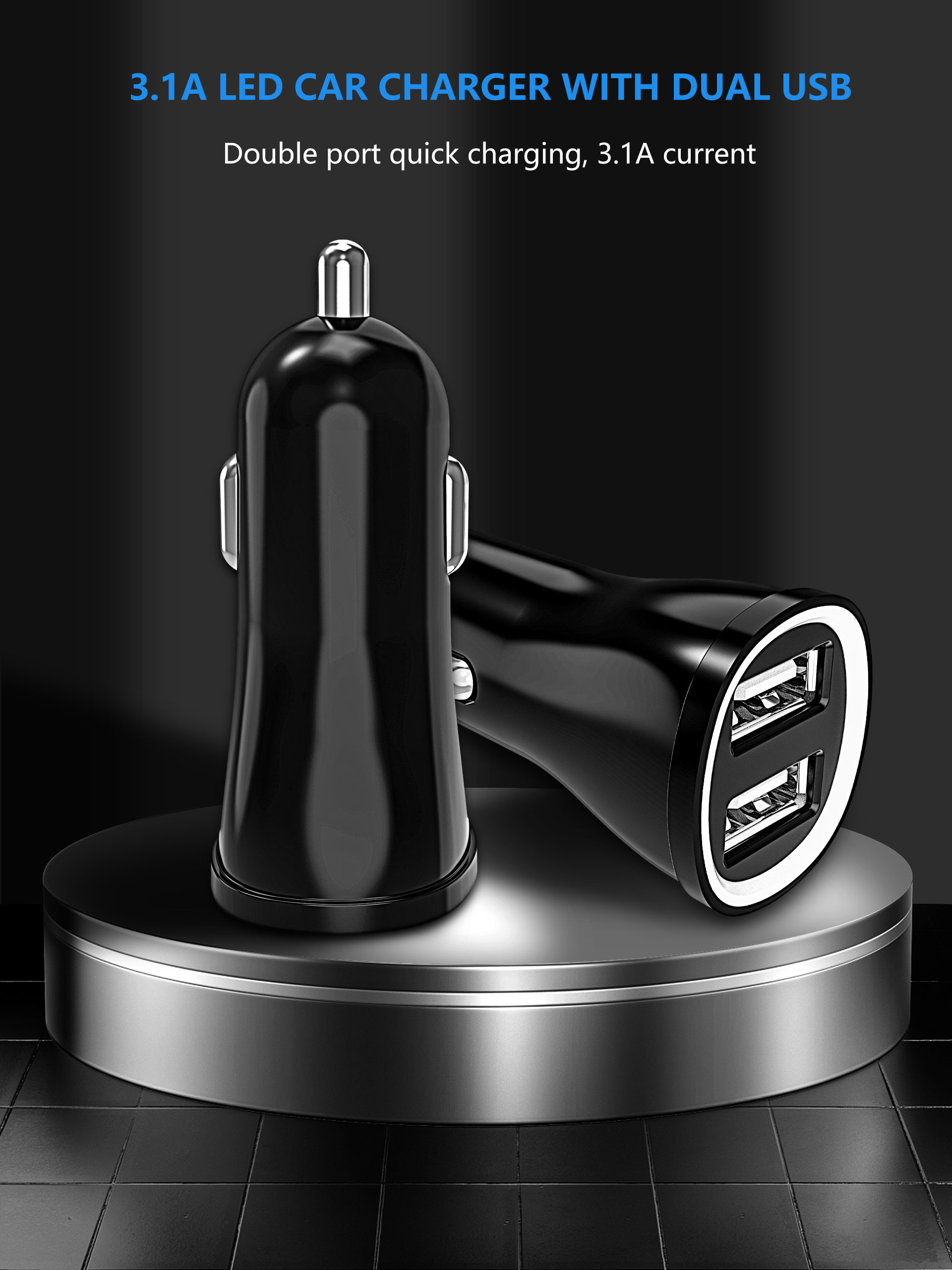 Mini 15.5W Car Portable Smartphone Charger Blue LED Dual USB For IPhone12