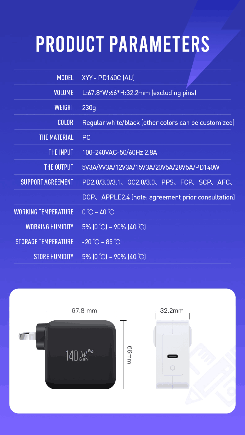 AU 2-Pin 140W USB-C Fast Wall Charger