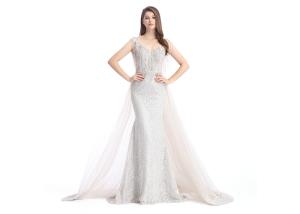China Silver Tulle Beaded Embroidery Arabic Evening Dresses For Wedding Party factory