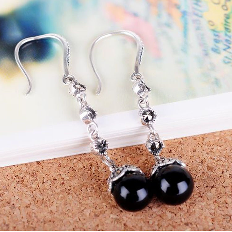 Antique Thai Silver Jewelry Sterling Silver Black Onyx Marcasite Drop Dangle Earring (E12031BLACK)