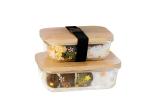 Bamboo Wood Cover Wide Mouth Glass Jars Japanese Style Square Shape For Food