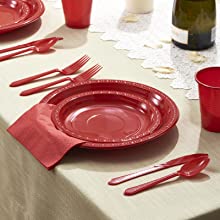Red Plastic Dinnerware Set Plate Cup Napkin Cutlery Spoon Fork Knife Disposable Party Supplies Set