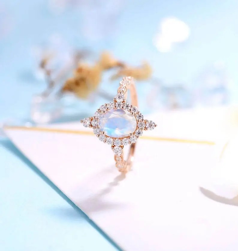 925 Sterling Silver Rose gold 1 Carat Flower Halo Ring Rainbow Moonstone Ring