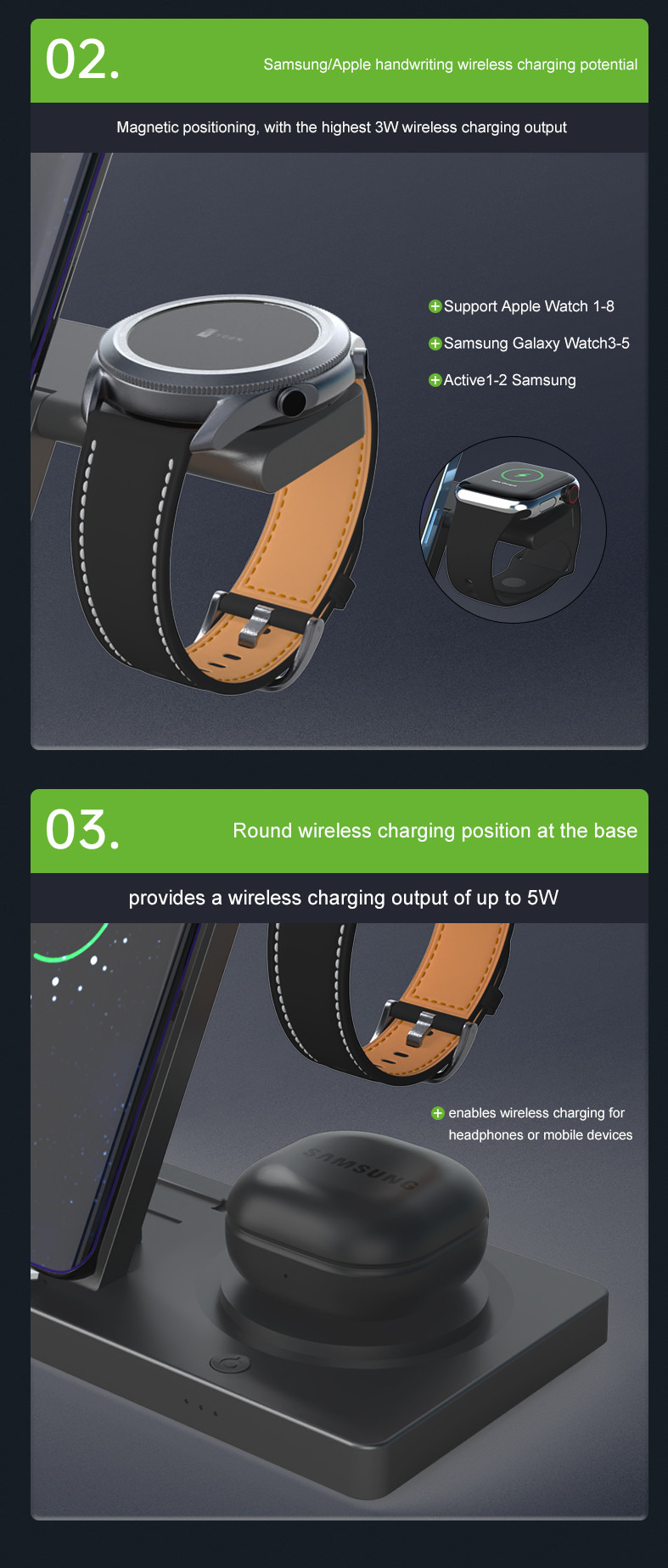 Foldable Wireless Charging Station for Smartphones Earbuds Watches 3W Watch Charging 15W Phone Output Custom