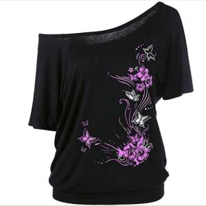 China 100% Cotton Plus Size Ladies Shirts Bat Sleeve T Shirt Slant Shoulder Short Sleeve factory