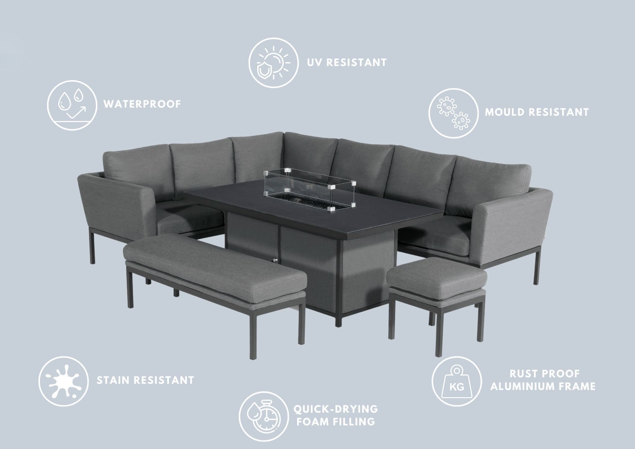 Mail packing Y AJUNION Luxury Outdoor Fabric Patio Furniture Dining Set with Firepit Table