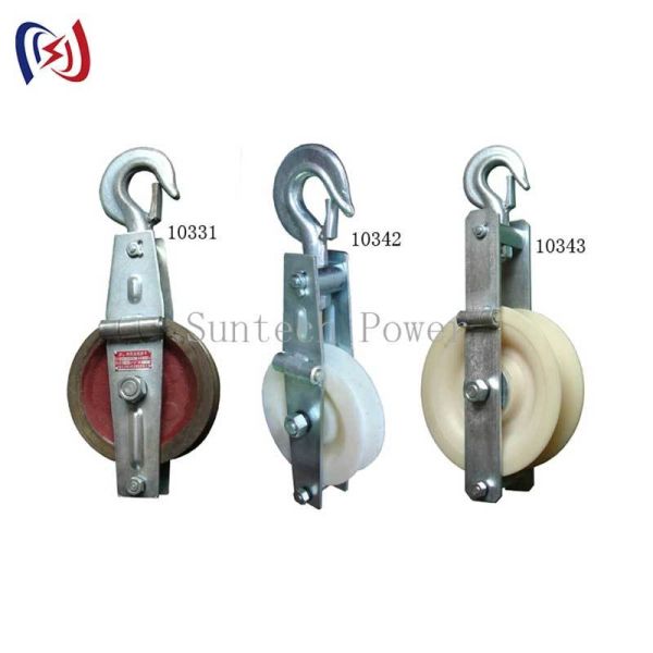 China Abrasion Resistant Conductor Stringing Block with 75mm or 100mm Sheave Width and 10KN Load Capacity for Transmission Lines factory