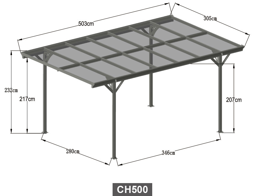 Homeuse 15m2 Aluminum Frame Carport 8mm L503*W305*H232cm With Gutter System