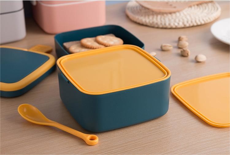 Double-Layer Portable Plastic Bento Lunch Box With Lid 1000ML Rectangular Blue