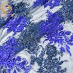 Royal Blue Beaded Lace Fabric 80% Nylon Water Soluble 140cm Width For Kids Dress