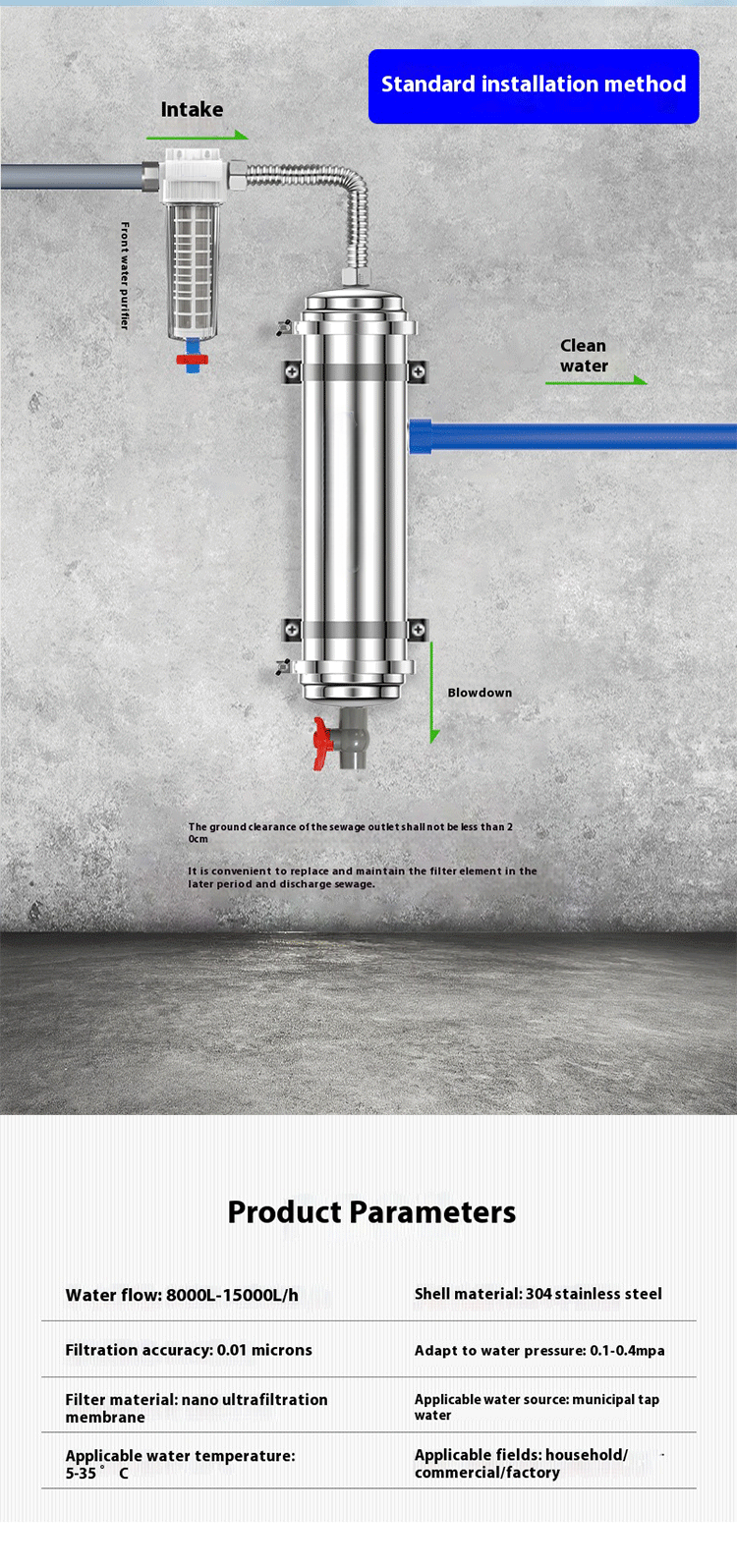 SS304 Ultrafiltration Water Filter 0.01 Microns for Families Shops Swimming Pools